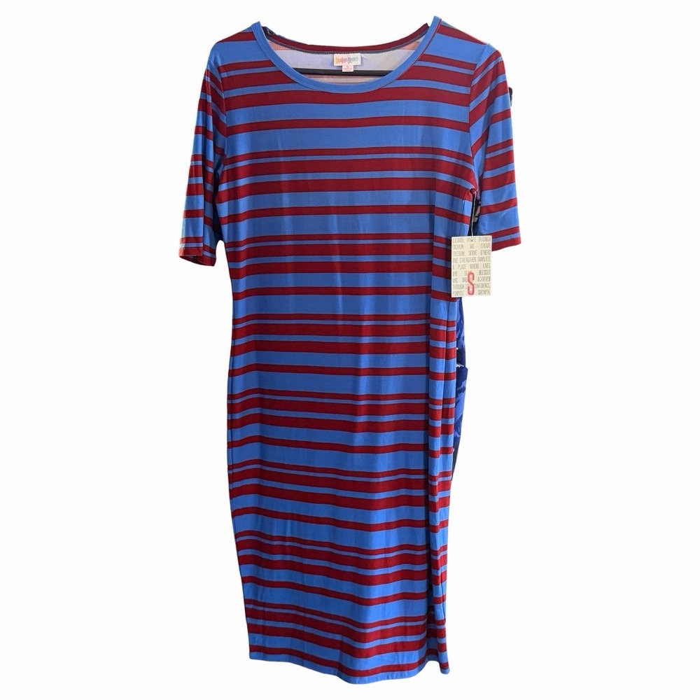 LuLaRoe Julia Dress Womens Small Blue Red Striped Sheath Short Sleeve Midi NEW